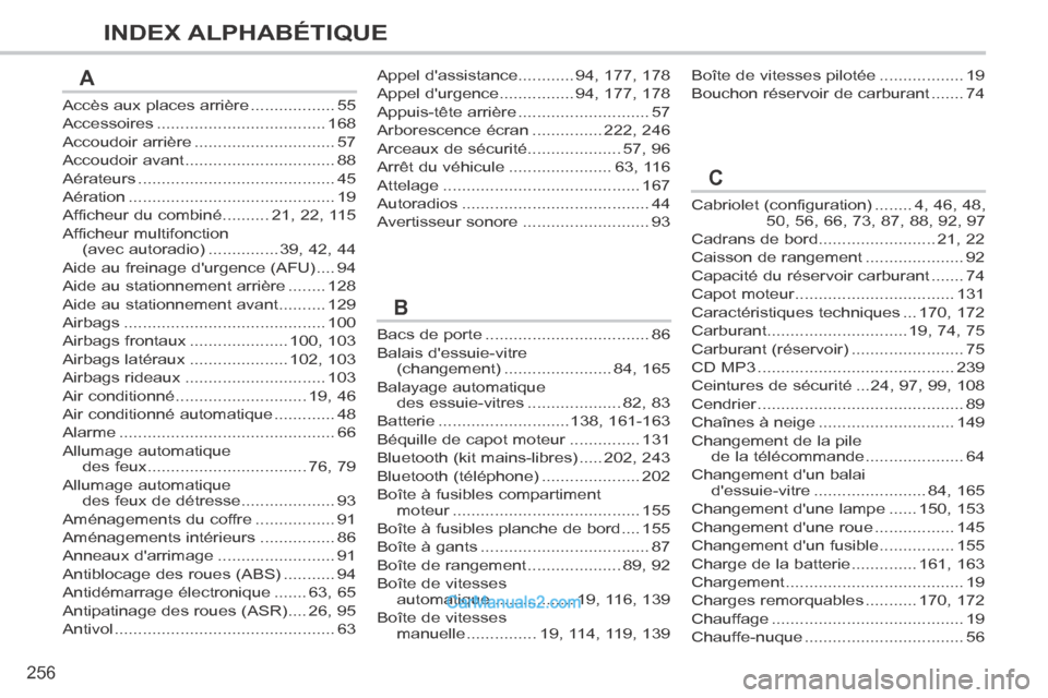 Peugeot 308 CC 2014 Manuel du propriétaire (in French) 256
INDEX ALPHABÉTIQUE
Accès aux places arrière ..................55
Accessoires ....................................168
Accoudoir arrière ..............................57
Accoudoir avant ........ Peugeot 308 CC 2014 Manuel du propriétaire (in French) 256
INDEX ALPHABÉTIQUE
Accès aux places arrière ..................55
Accessoires ....................................168
Accoudoir arrière ..............................57
Accoudoir avant ........