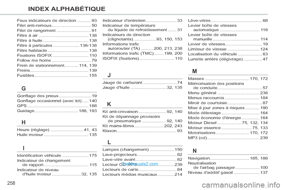 Peugeot 308 CC 2014  Manuel du propriétaire (in French) 258
INDEX ALPHABÉTIQUE
Navigation...............................185, 186
Neutralisation de lairbag passager ...................de lairbag passager ...................de lairbag passager100
Niveau 