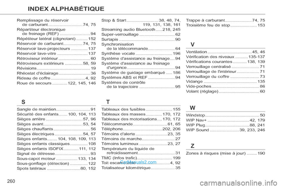 Peugeot 308 CC 2014  Manuel du propriétaire (in French) 260
INDEX ALPHABÉTIQUE
Ventilation ...................................45, 46
Vérification des niveaux ..........135-137
Vérifications courantes ...........138, 139
Verrouillage centralisé ........