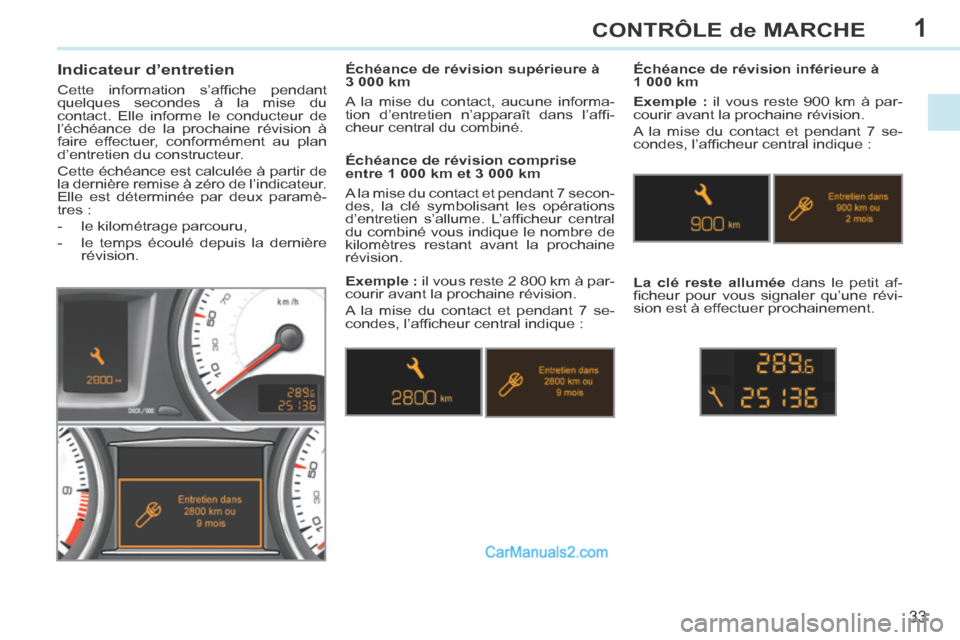 Peugeot 308 CC 2014  Manuel du propriétaire (in French) 1
33
CONTRÔLE de MARCHE
       
Indicateur d’entretien 
 Cette  information  s’afﬁ che  pendant 
quelques secondes à la mise du 
contact. Elle informe le conducteur de 
l’échéance de la pr