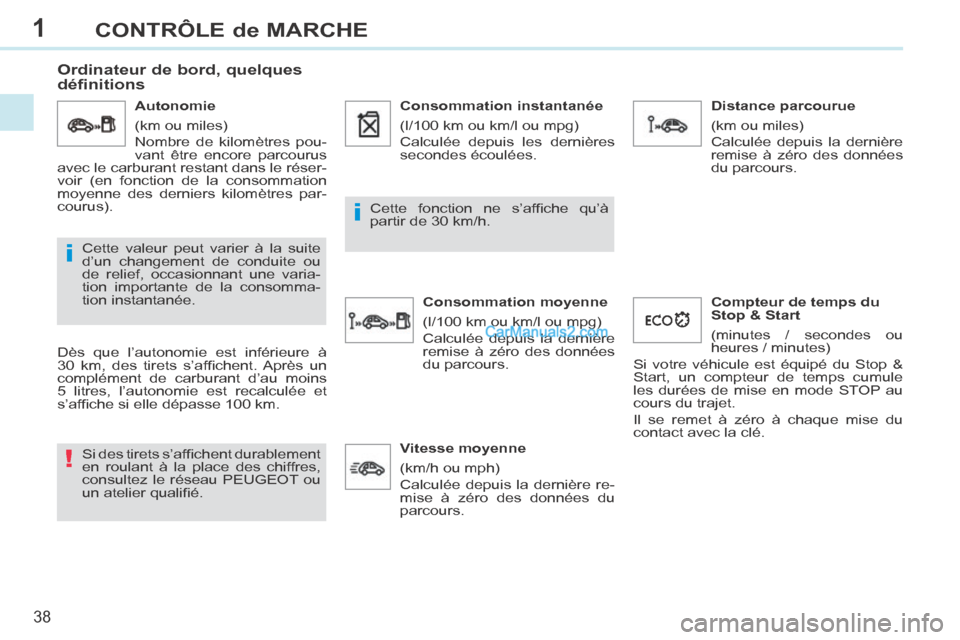 Peugeot 308 CC 2014  Manuel du propriétaire (in French) 1
!
i
i
38
CONTRÔLE de MARCHE
       
Ordinateur de bord, quelques 
définitions 
  Dès que l’autonomie est inférieure à 
30  km,  des  tirets  s’afﬁ chent.  Après  un 
complément de carbu