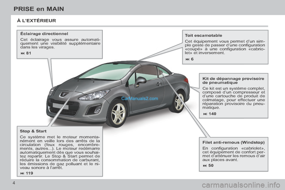 Peugeot 308 CC 2014  Manuel du propriétaire (in French)  81 140
 50
 11 9
 6
4
PRISE en MAIN
  Éclairage  directionnel 
 Cet éclairage vous assure automati-
quement une visibilité supplémentaire 
dans les virages.     Toit  escamotable 
