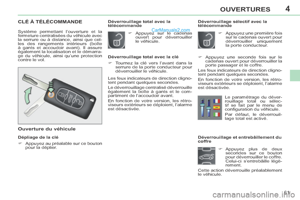 Peugeot 308 CC 2014  Manuel du propriétaire (in French) 4
61
OUVERTURES
              Déverrouillage et entrebâillement du 
coffre      Appuyez plus de deux secondes sur ce bouton 
pour déverrouiller le coffre. 
Celui-ci s’entrebâille légè-
reme