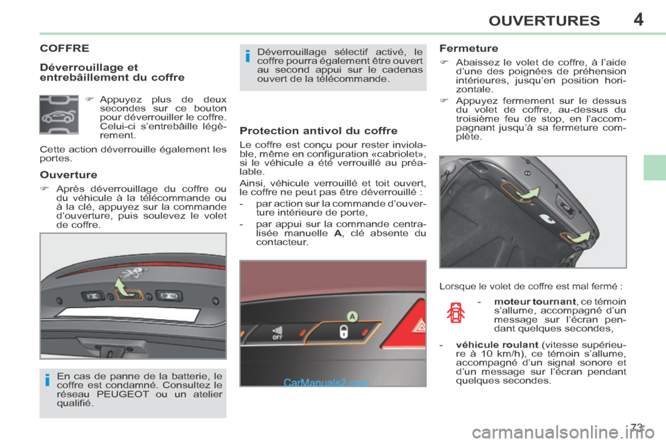 Peugeot 308 CC 2014  Manuel du propriétaire (in French) 4
i
i
73
OUVERTURES
  Déverrouillage  et 
entrebâillement du coffre 
COFFRE 
  Protection antivol du coffre 
 Le coffre est conçu pour rester inviola-
ble, même en conﬁ guration «cabriolet», 
