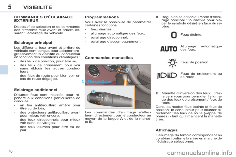 Peugeot 308 CC 2014  Manuel du propriétaire (in French) 5
76
VISIBILITÉ
COMMANDES D’ÉCLAIRAGE EXTÉRIEUR 
 Dispositif de sélection et de commande 
des différents feux avant et arrière as-
surant l’éclairage du véhicule. 
  Éclairage  principal 