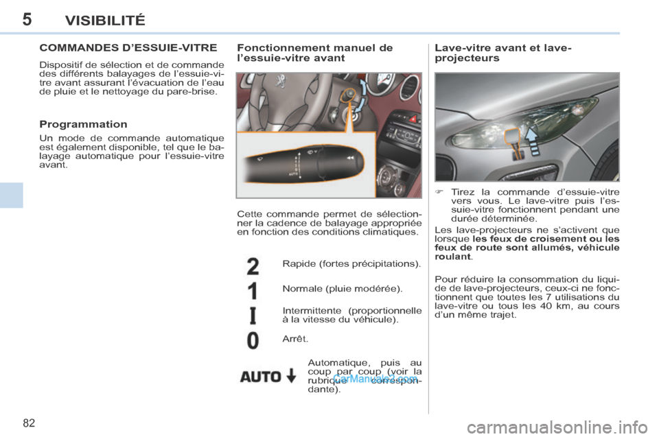 Peugeot 308 CC 2014 Manuel du propriétaire (in French) 5
82
VISIBILITÉ
COMMANDES D’ESSUIE-VITRE
Dispositif de sélection et de commande
des différents balayages de l’essuie-vi-
tre avant assurant l’évacuation de l’eau
de pluie et le nettoya Peugeot 308 CC 2014 Manuel du propriétaire (in French) 5
82
VISIBILITÉ
COMMANDES D’ESSUIE-VITRE
Dispositif de sélection et de commande
des différents balayages de l’essuie-vi-
tre avant assurant l’évacuation de l’eau
de pluie et le nettoya