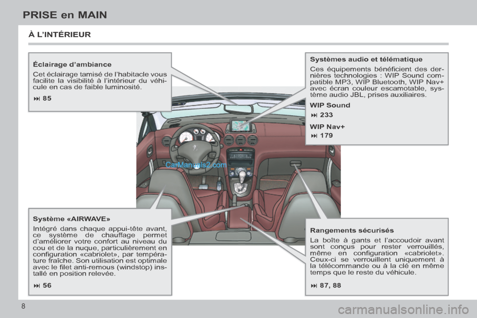 Peugeot 308 CC 2014  Manuel du propriétaire (in French)  87, 88
 85
 56
 233
 179
8
PRISE en MAIN
  Éclairage  d’ambiance 
 Cet éclairage tamisé de l’habitacle vous 
facilite la visibilité à l’intérieur du véhi-
cule en cas de f