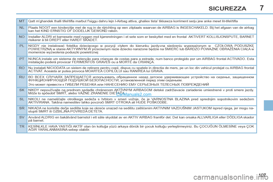Peugeot 308 CC 2014  Manuale del proprietario (in Italian) 7
MTQatt m’ghandek thalli tifel/tiﬂ a marbut f’siggu dahru lejn l-Airbag attiva, ghaliex tista’ tikkawza korriment serju jew anke mewt lit-tifel/tiﬂ a
NLPlaats NOOIT een kinderzitje met de r