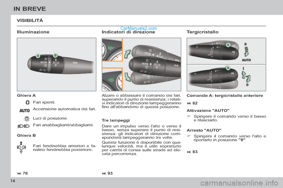 Peugeot 308 CC 2014  Manuale del proprietario (in Italian)  76 93 83  82
14
IN BREVE
 VISIBILITÀ 
  Illuminazione 
  Ghiera  A 
  Ghiera  B  Alzare o abbassare il comando dei fari, 
superando il punto di resistenza; i relati-
vi indicatori di dir