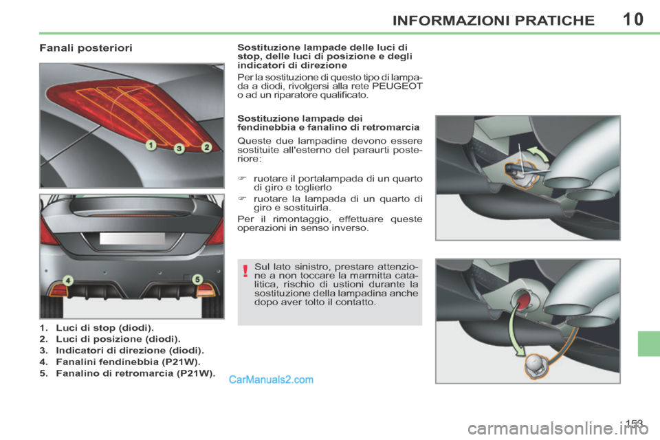 Peugeot 308 CC 2014 Manuale del proprietario (in Italian) 10
!
153
INFORMAZIONI PRATICHE
Fanali posteriori
1. Luci di stop (diodi).
2. Luci di posizione (diodi).
3. Indicatori di direzione (diodi).
4 Peugeot 308 CC 2014 Manuale del proprietario (in Italian) 10
!
153
INFORMAZIONI PRATICHE
Fanali posteriori
1. Luci di stop (diodi).
2. Luci di posizione (diodi).
3. Indicatori di direzione (diodi).
4