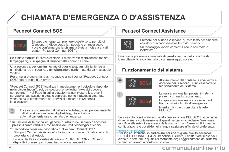 Peugeot 308 CC 2014 Manuale del proprietario (in Italian) 178
CHIAMATA DEMERGENZA O DASSISTENZA
In caso demergenza, premere questo tasto per più di 2 secondi. Il diodo verde lampeggia e un messaggio vocale conferma che la chiamata è stata inoltrata Peugeot 308 CC 2014 Manuale del proprietario (in Italian) 178
CHIAMATA DEMERGENZA O DASSISTENZA
In caso demergenza, premere questo tasto per più di 2 secondi. Il diodo verde lampeggia e un messaggio vocale conferma che la chiamata è stata inoltrata