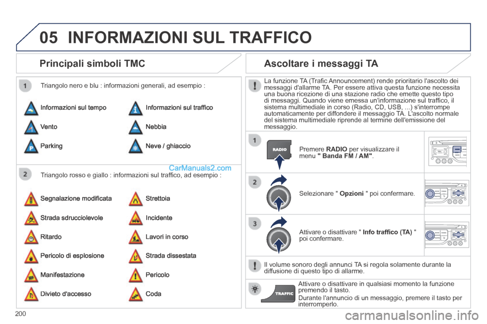 Peugeot 308 CC 2014 Manuale del proprietario (in Italian) 05
200
Principali simboli TMC
Triangolo rosso e giallo : informazioni sul traffi co, ad esempio :
Triangolo nero e blu : informazioni generali, ad esempio :
Informazioni sul tempo
Segnalazi Peugeot 308 CC 2014 Manuale del proprietario (in Italian) 05
200
Principali simboli TMC
Triangolo rosso e giallo : informazioni sul traffi co, ad esempio :
Triangolo nero e blu : informazioni generali, ad esempio :
Informazioni sul tempo
Segnalazi
