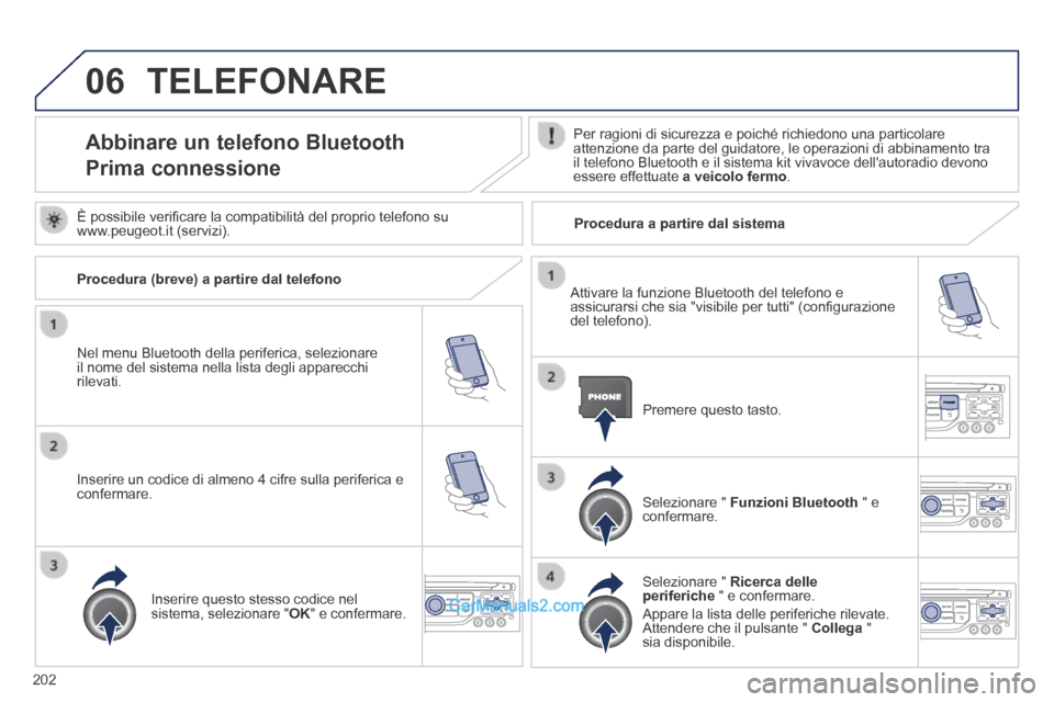 Peugeot 308 CC 2014 Manuale del proprietario (in Italian) 06
202
TELEFONARE
Abbinare un telefono Bluetooth
Prima connessione
Per ragioni di sicurezza e poiché richiedono una particolare attenzione da parte del guidatore, le operazioni di abbinamento Peugeot 308 CC 2014 Manuale del proprietario (in Italian) 06
202
TELEFONARE
Abbinare un telefono Bluetooth
Prima connessione
Per ragioni di sicurezza e poiché richiedono una particolare attenzione da parte del guidatore, le operazioni di abbinamento
