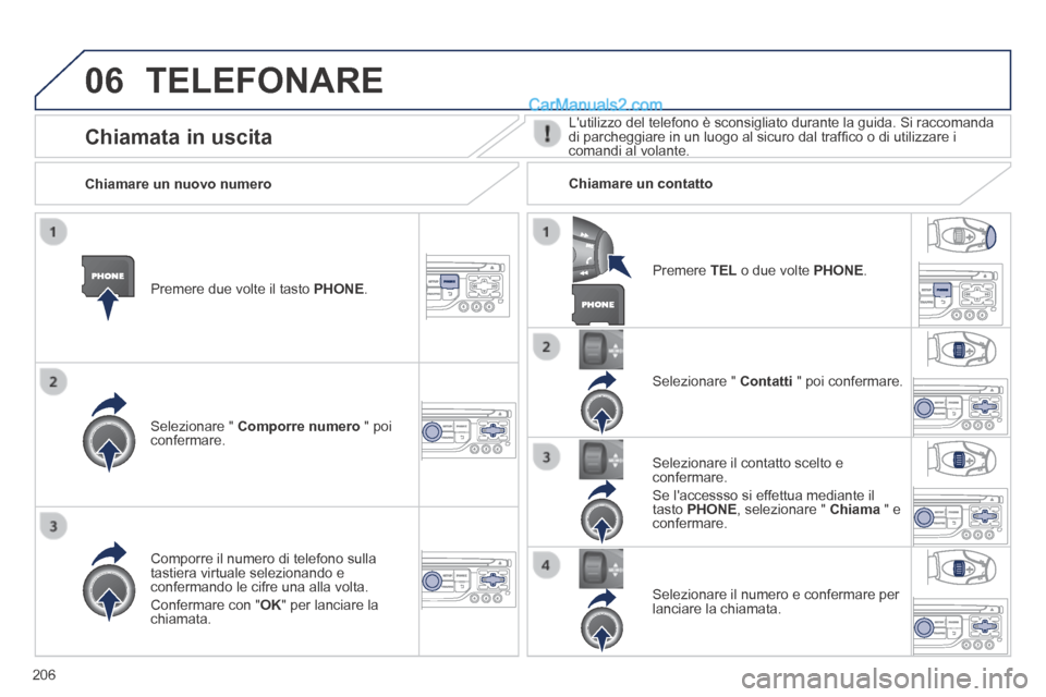 Peugeot 308 CC 2014 Manuale del proprietario (in Italian) 06
206
TELEFONARE
Premere due volte il tasto PHONE.
Selezionare " Comporre numero " poi confermare.
Selezionare " Contatti " poi confermare.
Comporre il numero di telefono sull Peugeot 308 CC 2014 Manuale del proprietario (in Italian) 06
206
TELEFONARE
Premere due volte il tasto PHONE.
Selezionare " Comporre numero " poi confermare.
Selezionare " Contatti " poi confermare.
Comporre il numero di telefono sull