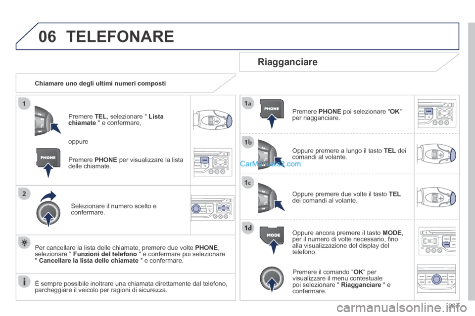 Peugeot 308 CC 2014 Manuale del proprietario (in Italian) 06
207
TELEFONARE
Chiamare uno degli ultimi numeri composti
Premere TEL , selezionare " Lista chiamate " e confermare,
Selezionare il numero scelto e confermare.
Per cancellare la Peugeot 308 CC 2014 Manuale del proprietario (in Italian) 06
207
TELEFONARE
Chiamare uno degli ultimi numeri composti
Premere TEL , selezionare " Lista chiamate " e confermare,
Selezionare il numero scelto e confermare.
Per cancellare la