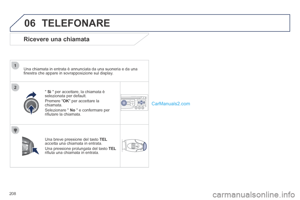 Peugeot 308 CC 2014 Manuale del proprietario (in Italian) 06
208
TELEFONARE
Ricevere una chiamata
Una chiamata in entrata è annunciata da una suoneria e da una fi nestra che appare in sovrapposizione sul display.
" Sì " per accettare, la c Peugeot 308 CC 2014 Manuale del proprietario (in Italian) 06
208
TELEFONARE
Ricevere una chiamata
Una chiamata in entrata è annunciata da una suoneria e da una fi nestra che appare in sovrapposizione sul display.
" Sì " per accettare, la c