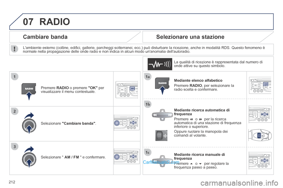 Peugeot 308 CC 2014 Manuale del proprietario (in Italian) 07
212
Mediante elenco alfabetico
Premere RADIO , per selezionare la radio scelta e confermare.
Mediante ricerca automatica di frequenza
Premere o per la ricerca automa Peugeot 308 CC 2014 Manuale del proprietario (in Italian) 07
212
Mediante elenco alfabetico
Premere RADIO , per selezionare la radio scelta e confermare.
Mediante ricerca automatica di frequenza
Premere o per la ricerca automa