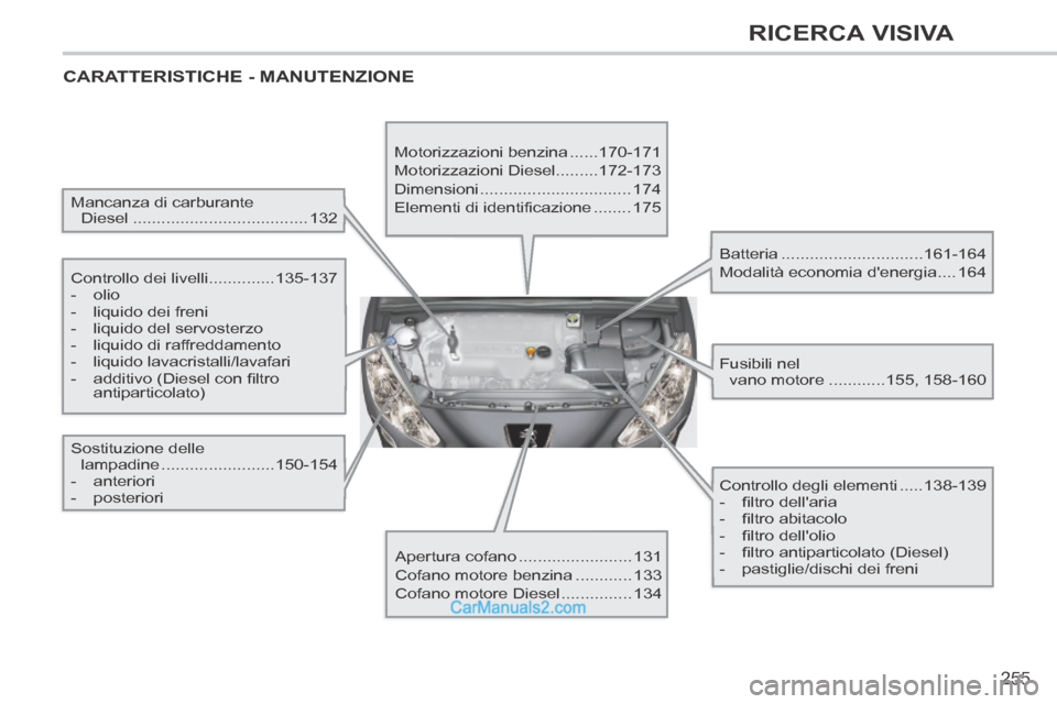 Peugeot 308 CC 2014  Manuale del proprietario (in Italian) 255
RICERCA VISIVA
308cc_it_Chap13_index visuel et alpha_ed01-2013_CA1
 CARATTERISTICHE  -  MANUTENZIONE  
  Mancanza  di  carburante Diesel ..................................... 132  
  Controllo  de