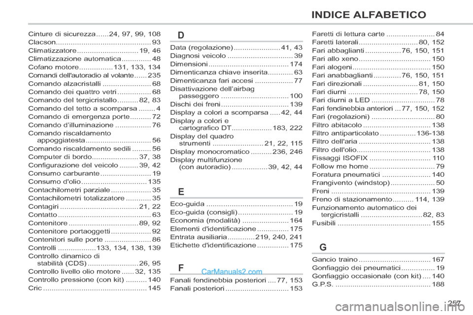 Peugeot 308 CC 2014  Manuale del proprietario (in Italian) 257
INDICE ALFABETICO
308cc_it_Chap13_index visuel et alpha_ed01-2013_CA1
Data (regolazione) ......................41, 43
Diagnosi veicolo ...............................39
Dimensioni ................
