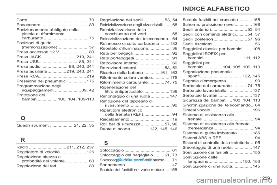 Peugeot 308 CC 2014  Manuale del proprietario (in Italian) 259
INDICE ALFABETICO
308cc_it_Chap13_index visuel et alpha_ed01-2013_CA1
Quadri strumenti ...................21, 22, 35
Porte .................................................70
Posacenere ..........