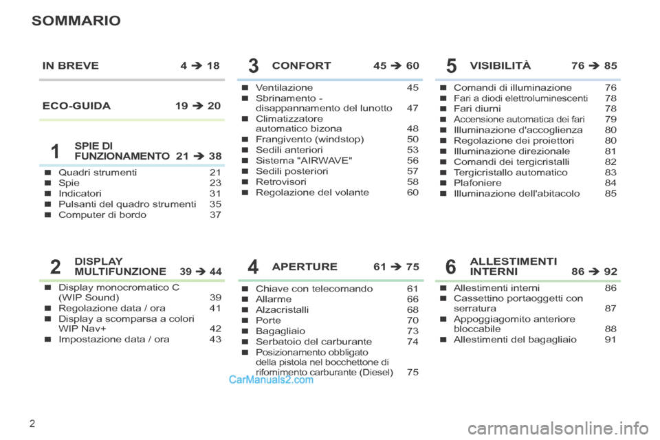 Peugeot 308 CC 2014  Manuale del proprietario (in Italian) 2
SOMMARIO
Quadri strumenti 21Spie 23Indicatori 31Pulsanti del quadro strumenti  35Computer di bordo 37
Ventilazione 45Sbrinamento - disappannamento del lunotto  47Climatizzato