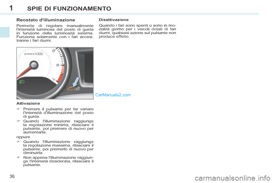 Peugeot 308 CC 2014 Manuale del proprietario (in Italian) 1
36
SPIE DI FUNZIONAMENTO
Reostato dilluminazione
Permette di regolare manualmente
lintensità luminosa del posto di guida
in funzione della luminosità esterna.
Funziona solamente c Peugeot 308 CC 2014 Manuale del proprietario (in Italian) 1
36
SPIE DI FUNZIONAMENTO
Reostato dilluminazione
Permette di regolare manualmente
lintensità luminosa del posto di guida
in funzione della luminosità esterna.
Funziona solamente c