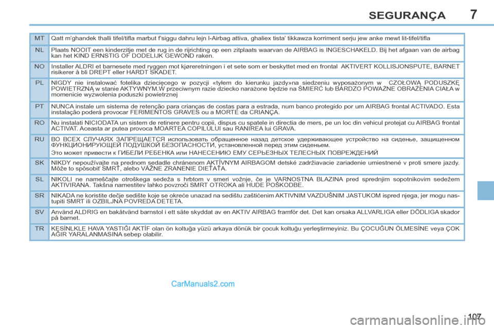 Peugeot 308 CC 2014  Manual do proprietário (in Portuguese) 7
MTQatt m’ghandek thalli tifel/tiﬂ a marbut f’siggu dahru lejn l-Airbag attiva, ghaliex tista’ tikkawza korriment serju jew anke mewt lit-tifel/tiﬂ a
NLPlaats NOOIT een kinderzitje met de r