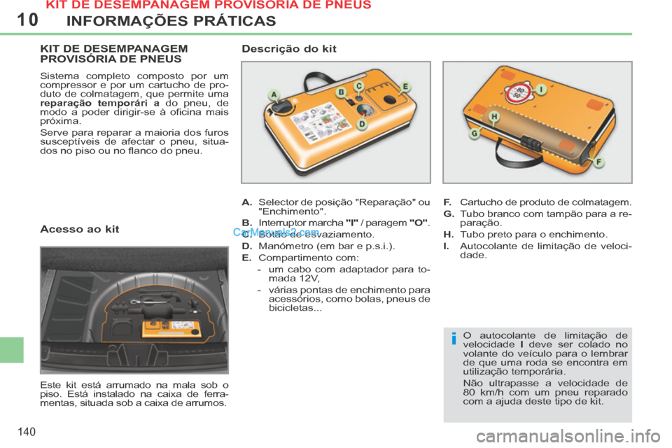 Peugeot 308 CC 2014 Manual do proprietário (in Portuguese) 10
i
140
INFORMAÇÕES PRÁTICAS
Acesso ao kit
Este kit está arrumado na mala sob o
piso. Está instalado na caixa de ferra-
mentas, situada sob a caixa de arrumos.
KIT DE DESEMPANAGEM PROVI Peugeot 308 CC 2014 Manual do proprietário (in Portuguese) 10
i
140
INFORMAÇÕES PRÁTICAS
Acesso ao kit
Este kit está arrumado na mala sob o
piso. Está instalado na caixa de ferra-
mentas, situada sob a caixa de arrumos.
KIT DE DESEMPANAGEM PROVI