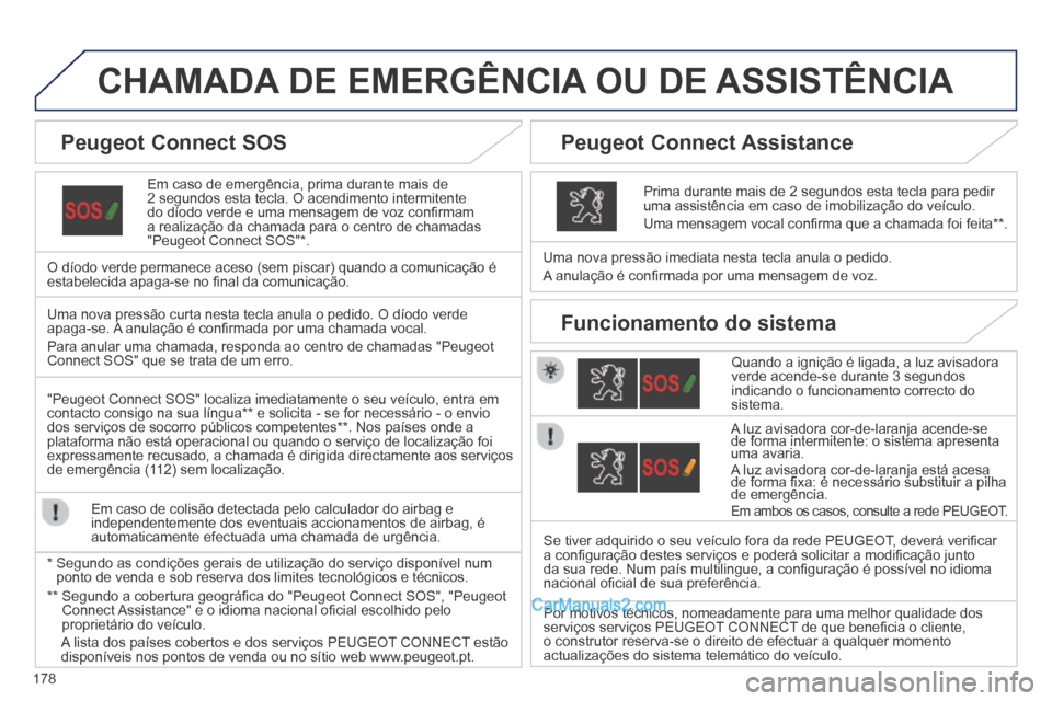 Peugeot 308 CC 2014 Manual do proprietário (in Portuguese) 178
CHAMADA DE EMERGÊNCIA OU DE ASSISTÊNCIA
Em caso de emergência, prima durante mais de 2 segundos esta tecla. O acendimento intermitente do díodo verde e uma mensagem de voz confi rmam a re Peugeot 308 CC 2014 Manual do proprietário (in Portuguese) 178
CHAMADA DE EMERGÊNCIA OU DE ASSISTÊNCIA
Em caso de emergência, prima durante mais de 2 segundos esta tecla. O acendimento intermitente do díodo verde e uma mensagem de voz confi rmam a re