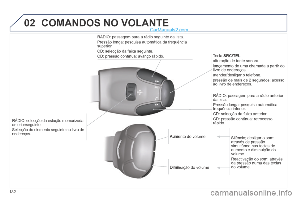 Peugeot 308 CC 2014  Manual do proprietário (in Portuguese) 02
182
   RÁDIO: selecção da estação memorizada anterior/seguinte. 
 Selecção do elemento seguinte no livro de endereços.  
  Tecla   SRC/TEL : 
 alteração de fonte sonora. 
 lançamento de 