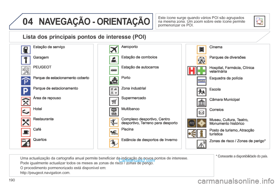 Peugeot 308 CC 2014  Manual do proprietário (in Portuguese) 04
190
 NAVEGAÇÃO - ORIENTAÇÃO 
 Este ícone surge quando vários POI são agrupados na mesma zona. Um zoom sobre este ícone permite pormenorizar os POI. 
  Estação  de  serviço 
 Garagem 
 PE