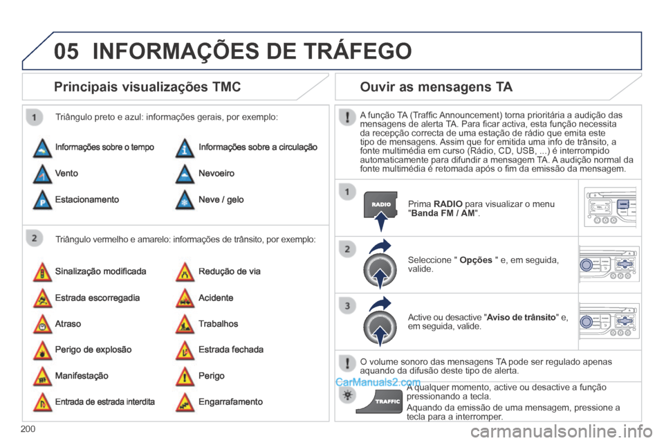 Peugeot 308 CC 2014  Manual do proprietário (in Portuguese) 05
200
Principais visualizações TMC 
  Triângulo vermelho e amarelo: informações de trânsito, por ex\
emplo: 
  Triângulo preto e azul: informações gerais, por exemplo: 
 Informações sobre 