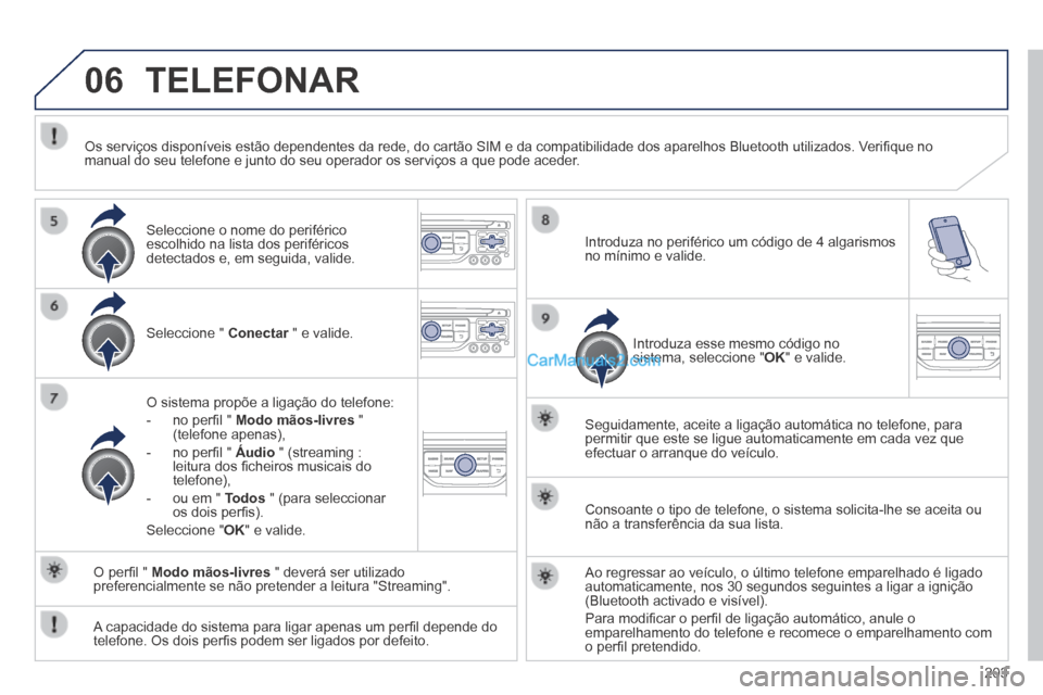 Peugeot 308 CC 2014  Manual do proprietário (in Portuguese) 06
203
 TELEFONAR 
  Seleccione  "   Conectar  " e valide.  Conectar  " e valide.  Conectar
  O sistema propõe a ligação do telefone: 
   -   no perﬁ l "  Modo mãos-livres   " (telefone apenas),