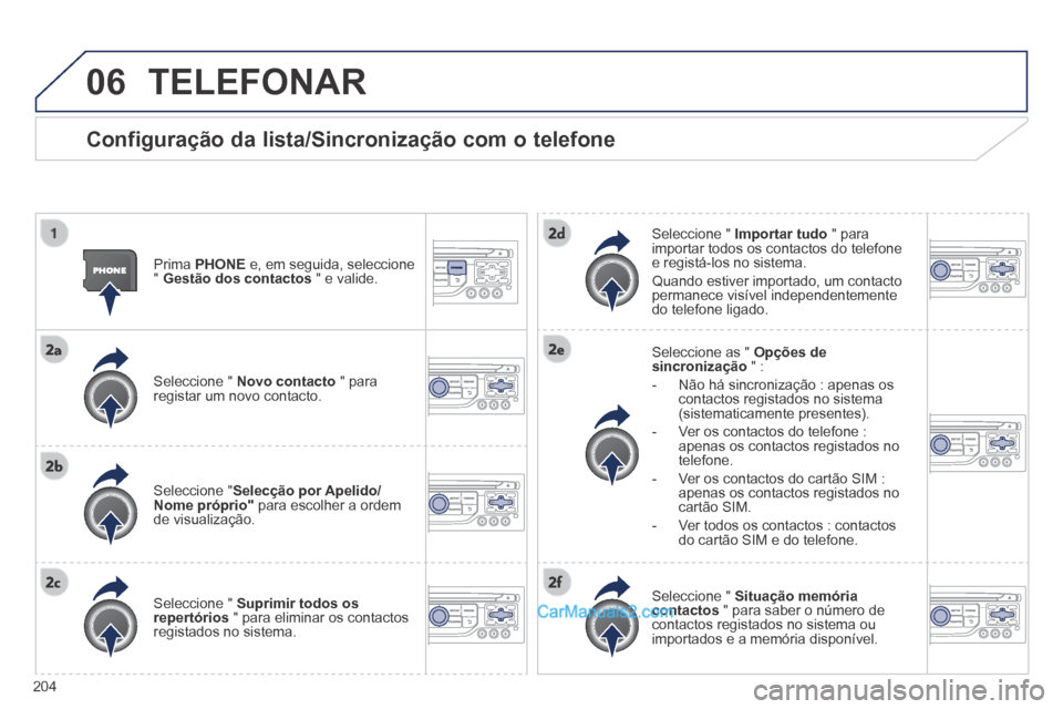 Peugeot 308 CC 2014  Manual do proprietário (in Portuguese) 06
204
 TELEFONAR 
  Configuração da lista/Sincronização com o telefone 
  Prima   PHONE  e, em seguida, seleccione "  Gestão dos contactos  " e valide.  
  Seleccione  "   Novo contacto  " para 