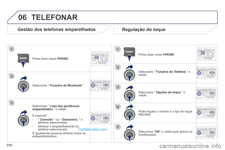 Peugeot 308 CC 2014  Manual do proprietário (in Portuguese) 06
210
  Prima duas vezes  PHONE .  
  Seleccione  "   Lista dos periféricos emparelhados  " e valide.  
  É  possível: 
   -   "   Conectar  " ou "  Conectar  " ou "  ConectarDesconect.  " o telef