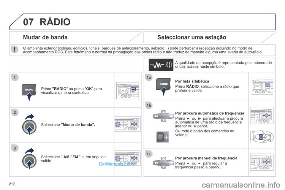 Peugeot 308 CC 2014  Manual do proprietário (in Portuguese) 07
212
  Por  lista  alfabética 
 Prima   RÁDIO , seleccione a rádio que preferir e valide.  
  Por procura automática de frequência 
 Prima       ou       para efectuar a procura automáti