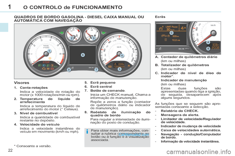 Peugeot 308 CC 2014 Manual do proprietário (in Portuguese) 1
i
22
O CONTROLO de FUNCIONAMENTO
QUADROS DE BORDO GASOLINA - DIESEL CAIXA MANUAL OU AUTOMÁTICA COM NAVEGAÇÃO
* Consoante a versão.
Visores
1. Conta-rotações
Indica a Peugeot 308 CC 2014 Manual do proprietário (in Portuguese) 1
i
22
O CONTROLO de FUNCIONAMENTO
QUADROS DE BORDO GASOLINA - DIESEL CAIXA MANUAL OU AUTOMÁTICA COM NAVEGAÇÃO
* Consoante a versão.
Visores
1. Conta-rotações
Indica a