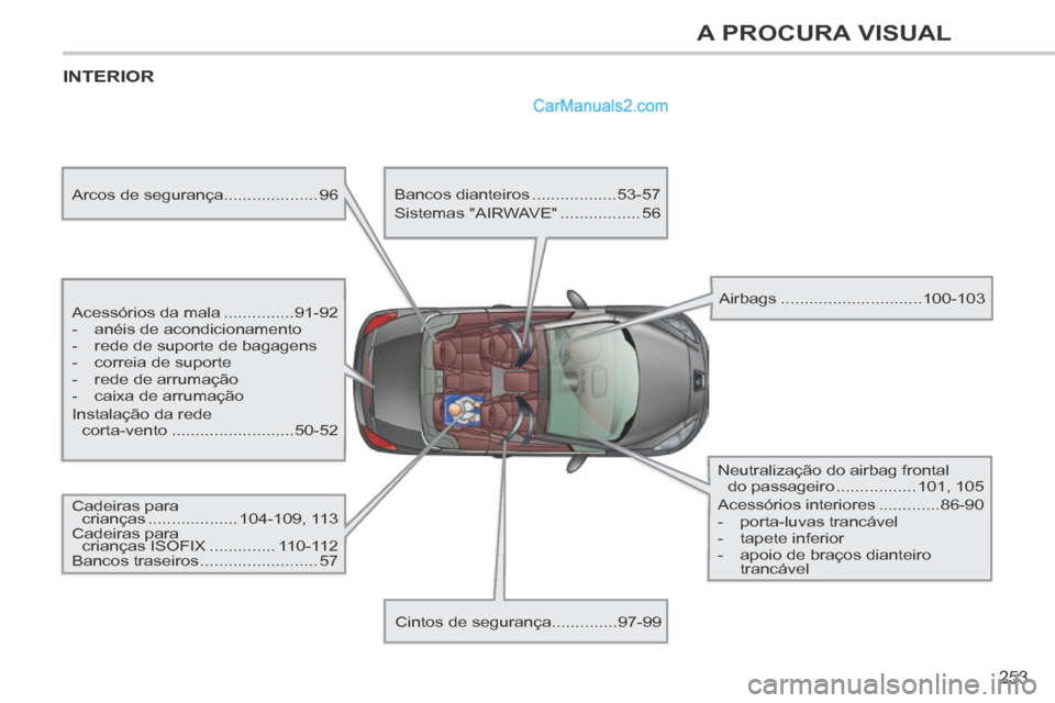 Peugeot 308 CC 2014 Manual do proprietário (in Portuguese) 253
A PROCURA VISUAL
INTERIOR
Acessórios da mala ...............91-92
- anéis de acondicionamento
- rede de suporte de bagagens
- correia de suporte
- rede de arrum Peugeot 308 CC 2014 Manual do proprietário (in Portuguese) 253
A PROCURA VISUAL
INTERIOR
Acessórios da mala ...............91-92
- anéis de acondicionamento
- rede de suporte de bagagens
- correia de suporte
- rede de arrum