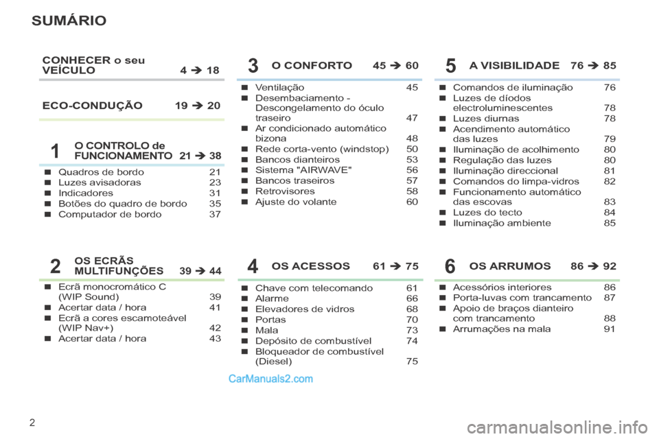 Peugeot 308 CC 2014  Manual do proprietário (in Portuguese) 2
SUMÁRIO
Quadros de bordo 21Luzes avisadoras 23Indicadores 31Botões do quadro de bordo  35Computador de bordo  37
Ventilação 45Desembaciamento - Descongelamento do óculo tra