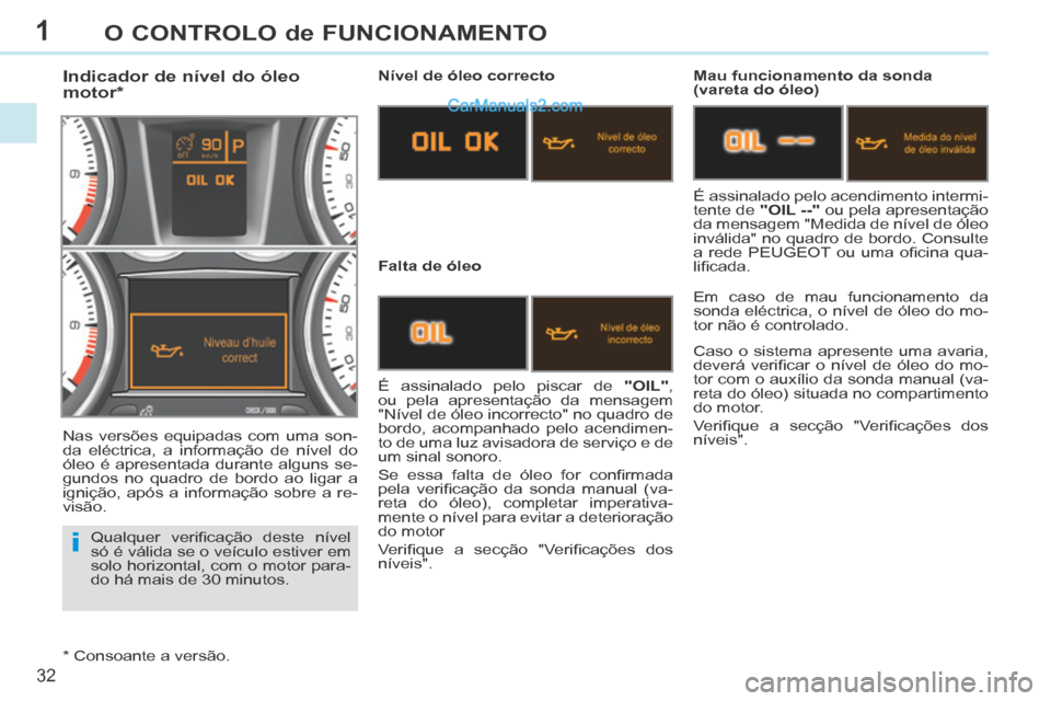 Peugeot 308 CC 2014 Manual do proprietário (in Portuguese) 1
i
32
O CONTROLO de FUNCIONAMENTO
Qualquer verifi cação deste nível
só é válida se o veículo estiver em
solo horizontal, com o motor para-
do há mais de 30 minutos.
Indicador de n Peugeot 308 CC 2014 Manual do proprietário (in Portuguese) 1
i
32
O CONTROLO de FUNCIONAMENTO
Qualquer verifi cação deste nível
só é válida se o veículo estiver em
solo horizontal, com o motor para-
do há mais de 30 minutos.
Indicador de n