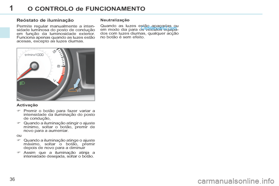 Peugeot 308 CC 2014 Manual do proprietário (in Portuguese) 1
36
O CONTROLO de FUNCIONAMENTO
Reóstato de iluminação
Permite regular manualmente a inten-
sidade luminosa do posto de condução
em função da luminosidade exterior.
Funciona apen Peugeot 308 CC 2014 Manual do proprietário (in Portuguese) 1
36
O CONTROLO de FUNCIONAMENTO
Reóstato de iluminação
Permite regular manualmente a inten-
sidade luminosa do posto de condução
em função da luminosidade exterior.
Funciona apen