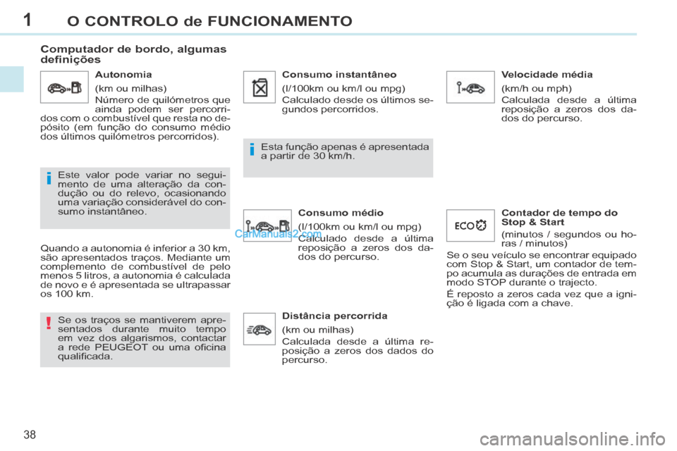 Peugeot 308 CC 2014 Manual do proprietário (in Portuguese) 1
!
i
i
38
O CONTROLO de FUNCIONAMENTO
Computador de bordo, algumas
definições
Quando a autonomia é inferior a 30 km,
são apresentados traços. Mediante um
complemento de combustíve Peugeot 308 CC 2014 Manual do proprietário (in Portuguese) 1
!
i
i
38
O CONTROLO de FUNCIONAMENTO
Computador de bordo, algumas
definições
Quando a autonomia é inferior a 30 km,
são apresentados traços. Mediante um
complemento de combustíve