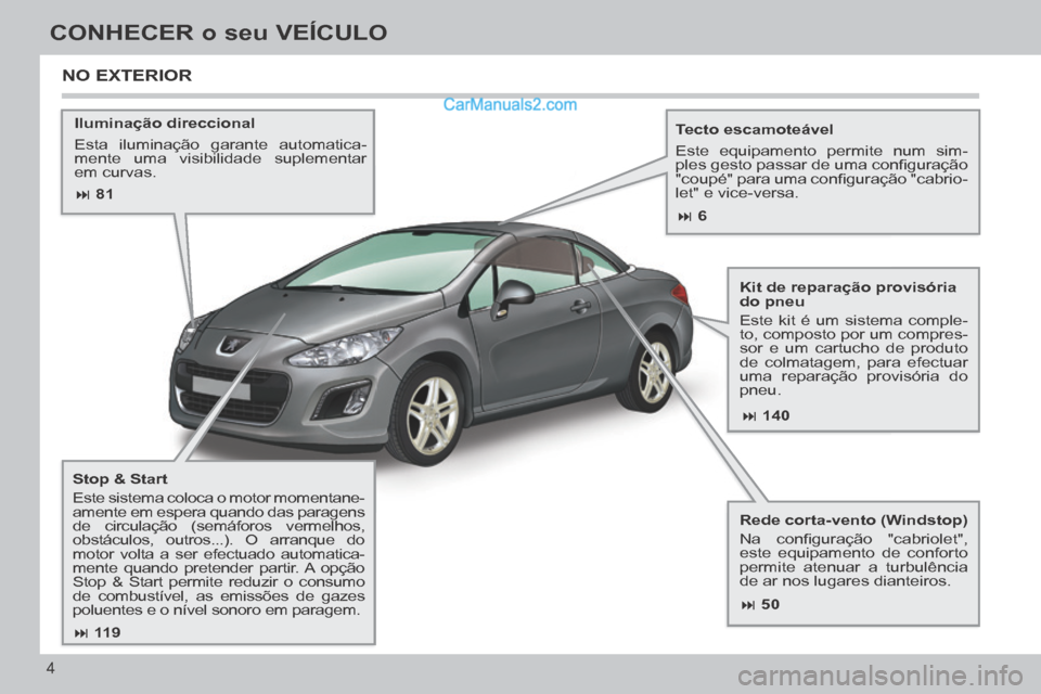 Peugeot 308 CC 2014  Manual do proprietário (in Portuguese)  81 140
 50
 11 9
 6
4
CONHECER o seu VEÍCULO
  Iluminação  direccional 
 Esta iluminação garante automatica-
mente uma visibilidade suplementar 
em  curvas.     Tecto  escamoteáv