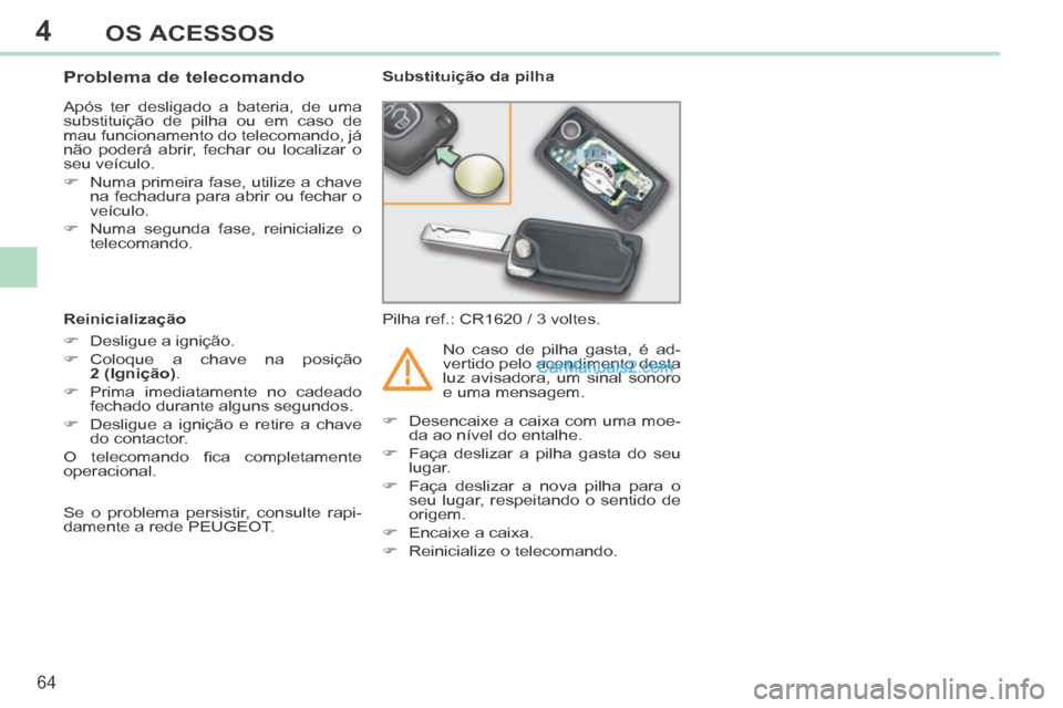 Peugeot 308 CC 2014 Manual do proprietário (in Portuguese) 4
64
OS ACESSOS
308cc_pt_Chap04_ouvertures_ed01-2013_CA1
Problema de telecomando
Após ter desligado a bateria, de uma
substituição de pilha ou em caso de
mau funcionamento do te Peugeot 308 CC 2014 Manual do proprietário (in Portuguese) 4
64
OS ACESSOS
308cc_pt_Chap04_ouvertures_ed01-2013_CA1
Problema de telecomando
Após ter desligado a bateria, de uma
substituição de pilha ou em caso de
mau funcionamento do te