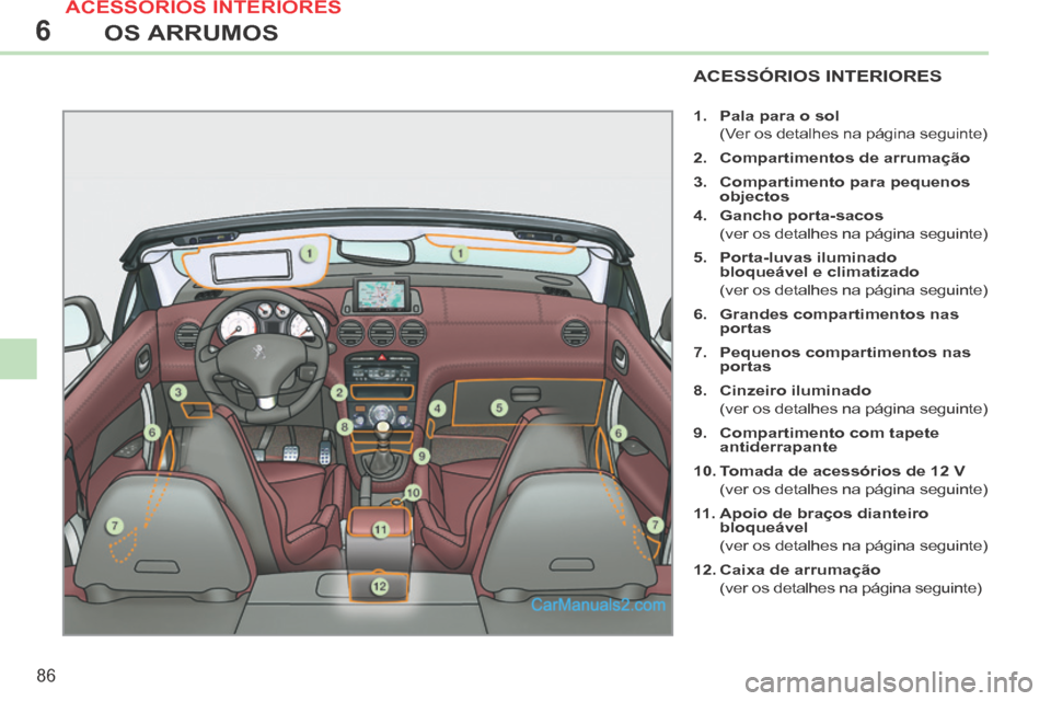 Peugeot 308 CC 2014 Manual do proprietário (in Portuguese) 6
86
OS ARRUMOS
ACESSÓRIOS INTERIORES
1. Pala para o sol
(Ver os detalhes na página seguinte)
2. Compartimentos de arrumação
3. Compartimento para pequenos objectos
Peugeot 308 CC 2014 Manual do proprietário (in Portuguese) 6
86
OS ARRUMOS
ACESSÓRIOS INTERIORES
1. Pala para o sol
(Ver os detalhes na página seguinte)
2. Compartimentos de arrumação
3. Compartimento para pequenos objectos