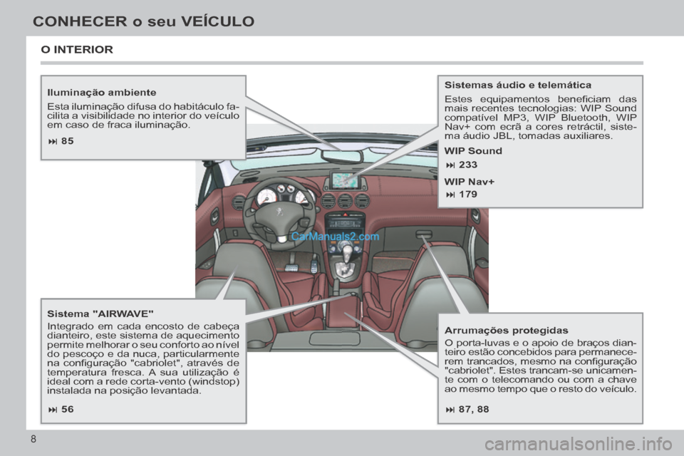 Peugeot 308 CC 2014  Manual do proprietário (in Portuguese)  87, 88
 85
 56
 233
 179
8
CONHECER o seu VEÍCULO
  Iluminação  ambiente 
 Esta iluminação difusa do habitáculo fa-
cilita a visibilidade no interior do veículo 
em caso de frac