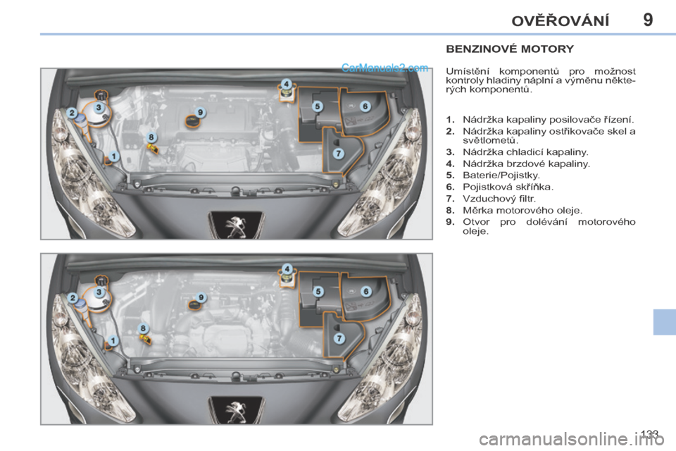 Peugeot 308 CC 2014  Návod k obsluze (in Czech) 9
133
OVĚŘOVÁNÍ
BENZINOVÉ MOTORY 
 Umístění  komponentů  pro  možnost 
kontroly hladiny náplní a výměnu někte-
rých komponentů. 
   1.   Nádržka kapaliny posilovače řízení. 
  2