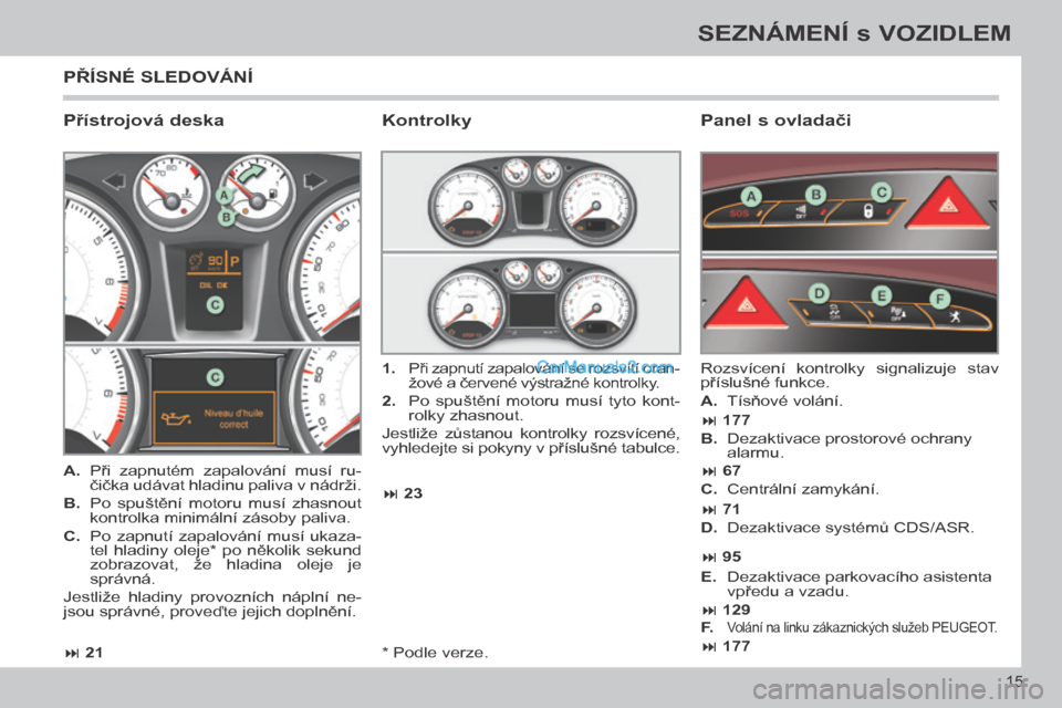 Peugeot 308 CC 2014  Návod k obsluze (in Czech)  21 23
 177  177
 67
 71
 95
 129
15
SEZNÁMENÍ s VOZIDLEM
308cc_cs_Chap00b_prise en main_ed01-2013
  *   Podle verze.  
 PŘÍSNÉ SLEDOVÁNÍ 
  Přístrojová deska    Pane