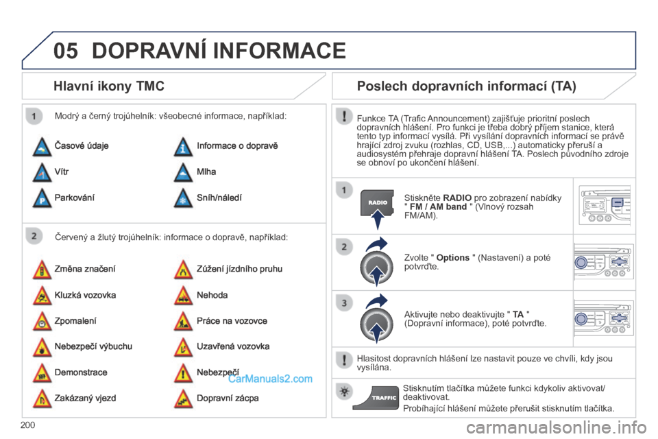 Peugeot 308 CC 2014  Návod k obsluze (in Czech) 05
200
      Hlavní ikony TMC 
  Červený a žlutý trojúhelník: informace o dopravě, například: 
  Modrý a černý trojúhelník: všeobecné informace, například: 
 Časové údaje 
 Změn