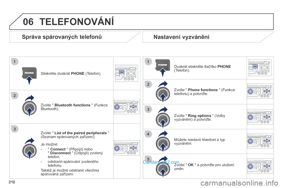 Peugeot 308 CC 2014  Návod k obsluze (in Czech) 06
210
  Stiskněte dvakrát  PHONE  (Telefon).  
  Zvolte "  List of the paired peripherals  " (Seznam spárovaných zařízení).  
  Je možné: 
   -    "    Connect  " (Připojit) nebo "  Disconn